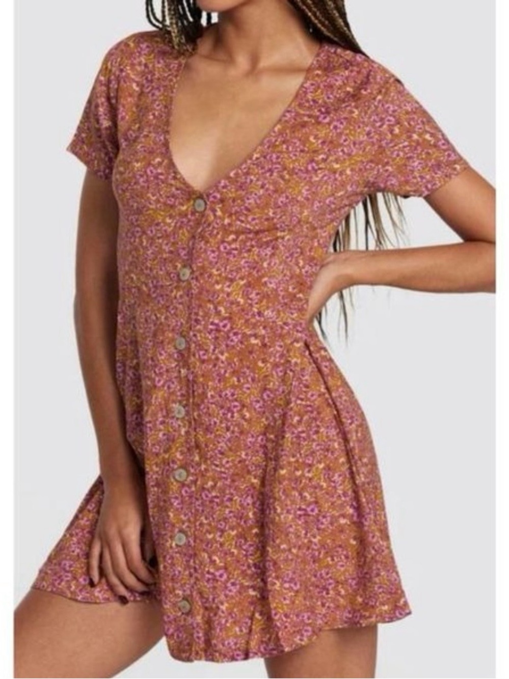 RVCA Understated Pink Floral Button-Front Mini Dress on Tan